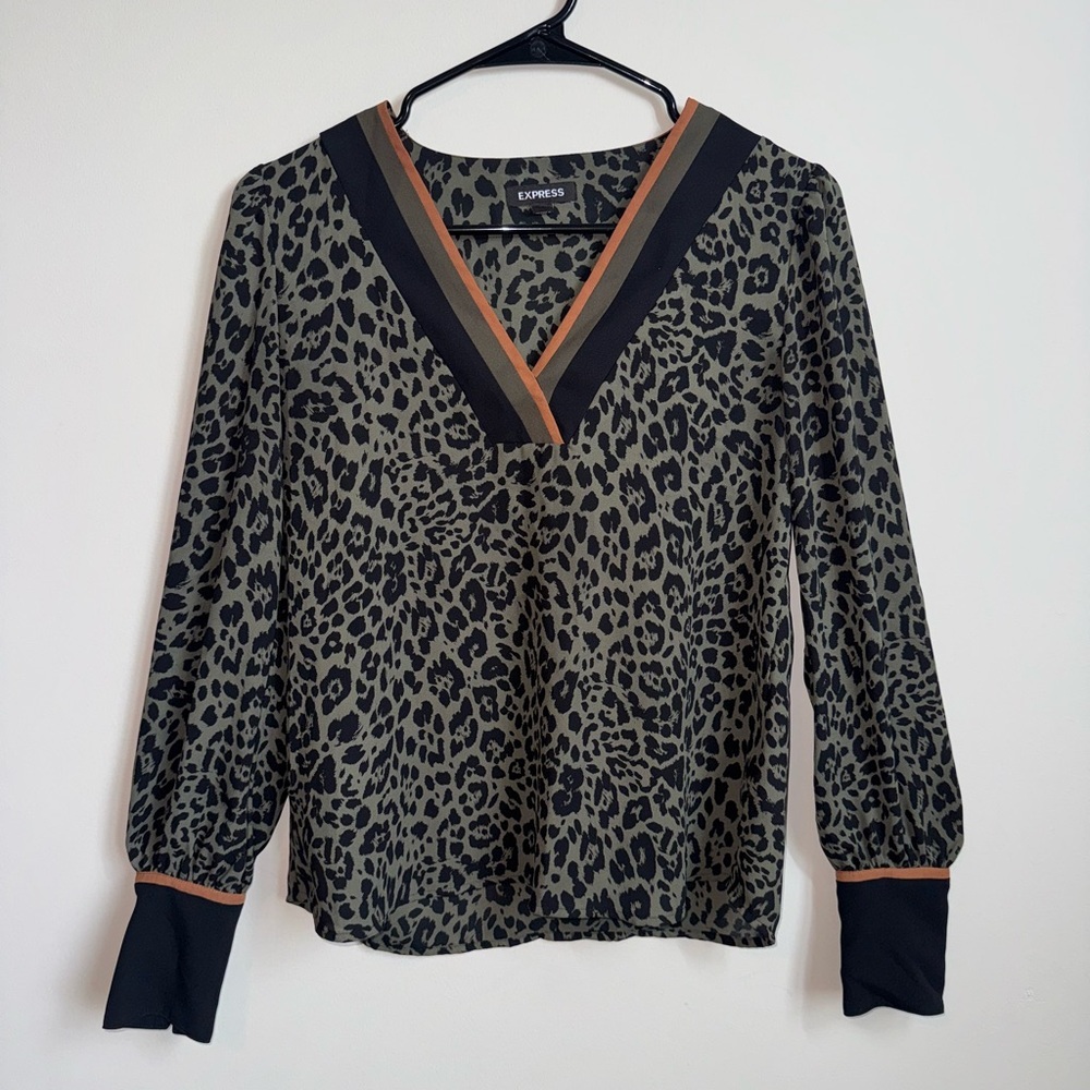 Express Leopard Print Blouse V-Neck Long Sleeve XS